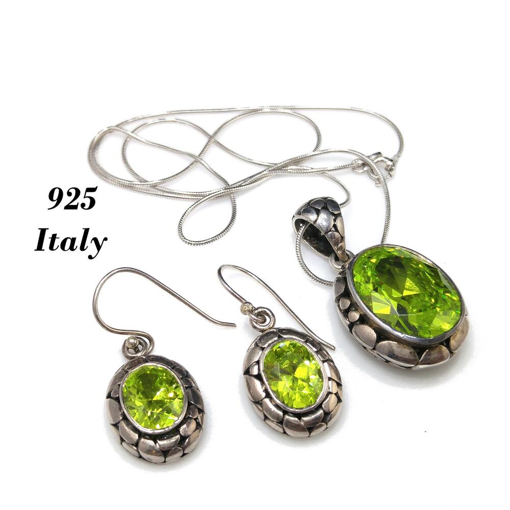 Peridot CZ Silver Necklace & Earrings Set, Italy Snake Chain, 1990s Vintage